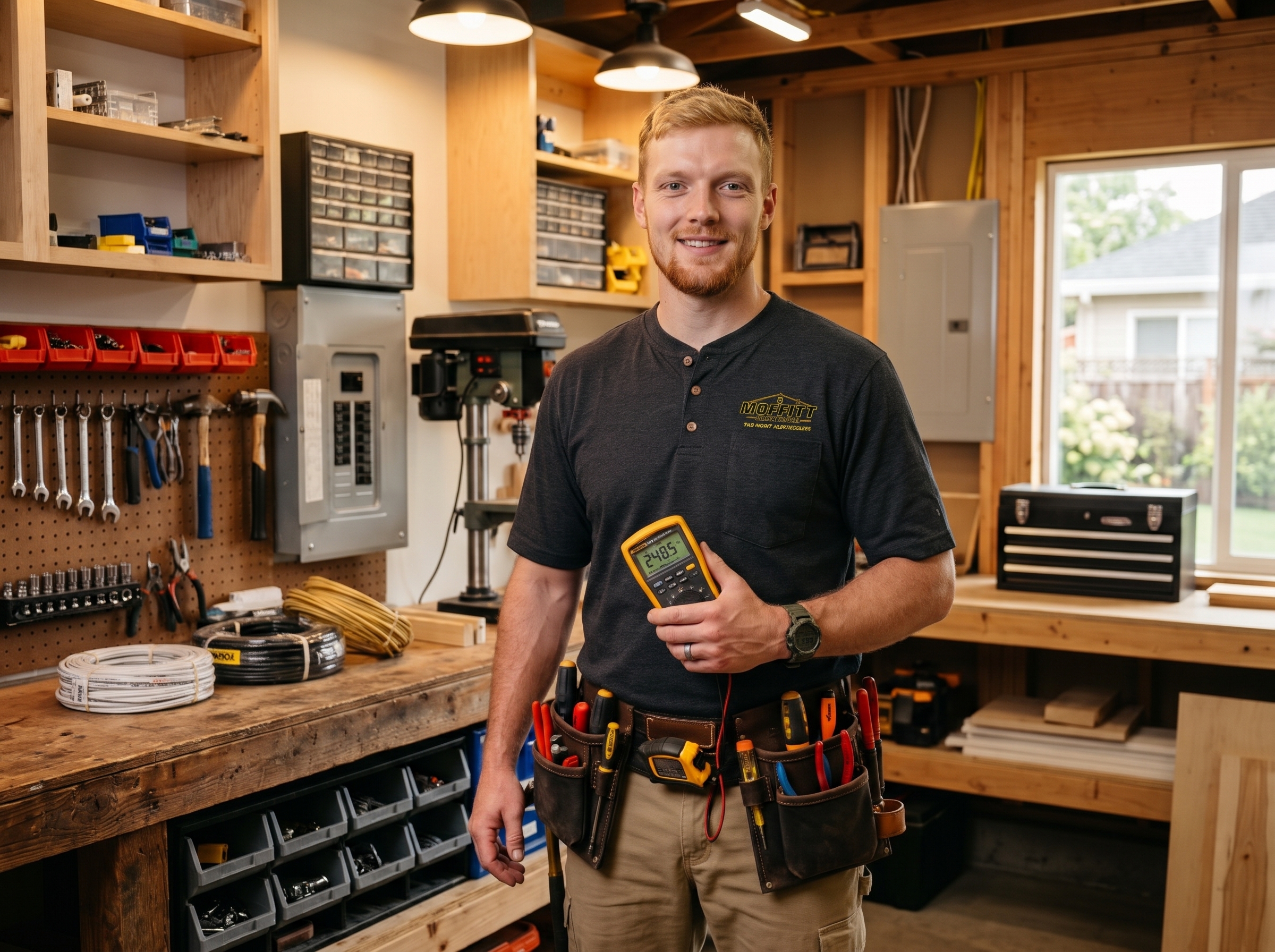 Professional licensed electrician preparing electrical equipment and tools